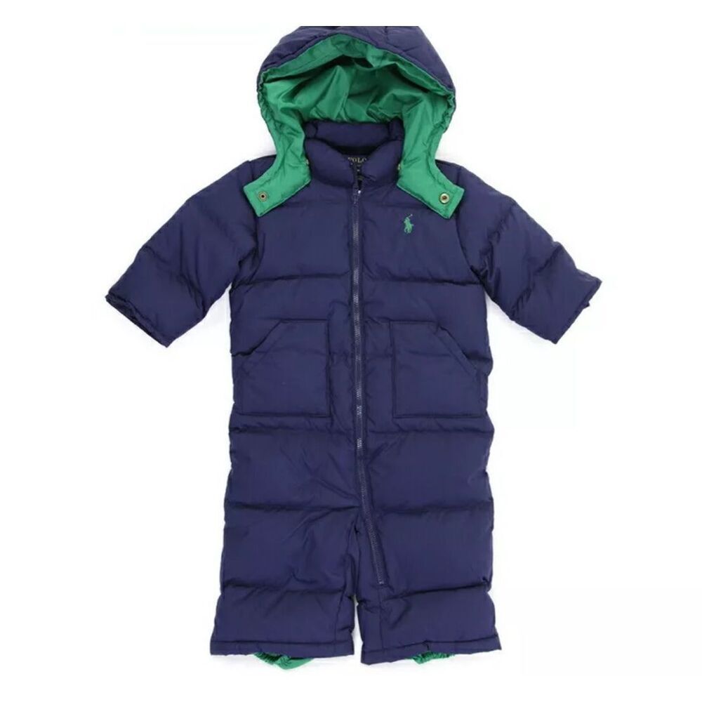 Polo by Ralph Lauren Navy Puffer Snowsuit with Green Lining